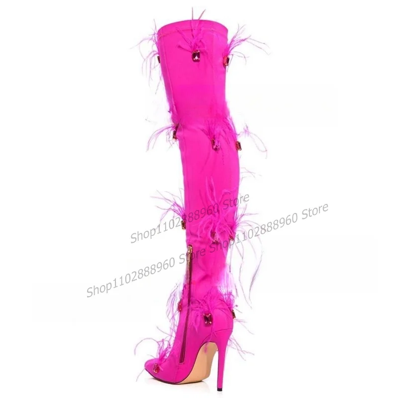 Roze Rode Dij Hoge Kristallen Veren Decor Laarzen Dunne Hoge Hak Vrouwen Schoenen Zij Rits Puntige Teen 2023 Sexy Zapatos Para Mujere