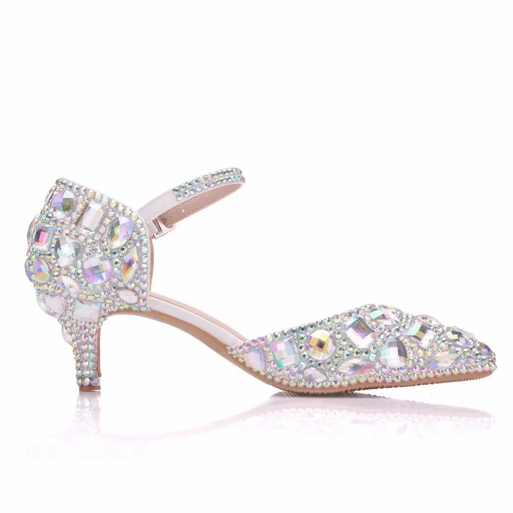 Fashion Pointed Toe Pumps Sandals Elegant Crystal PU 5.5CM Thin Heels Princess Rhinestone Slingback Casual Woman Shoes Dress