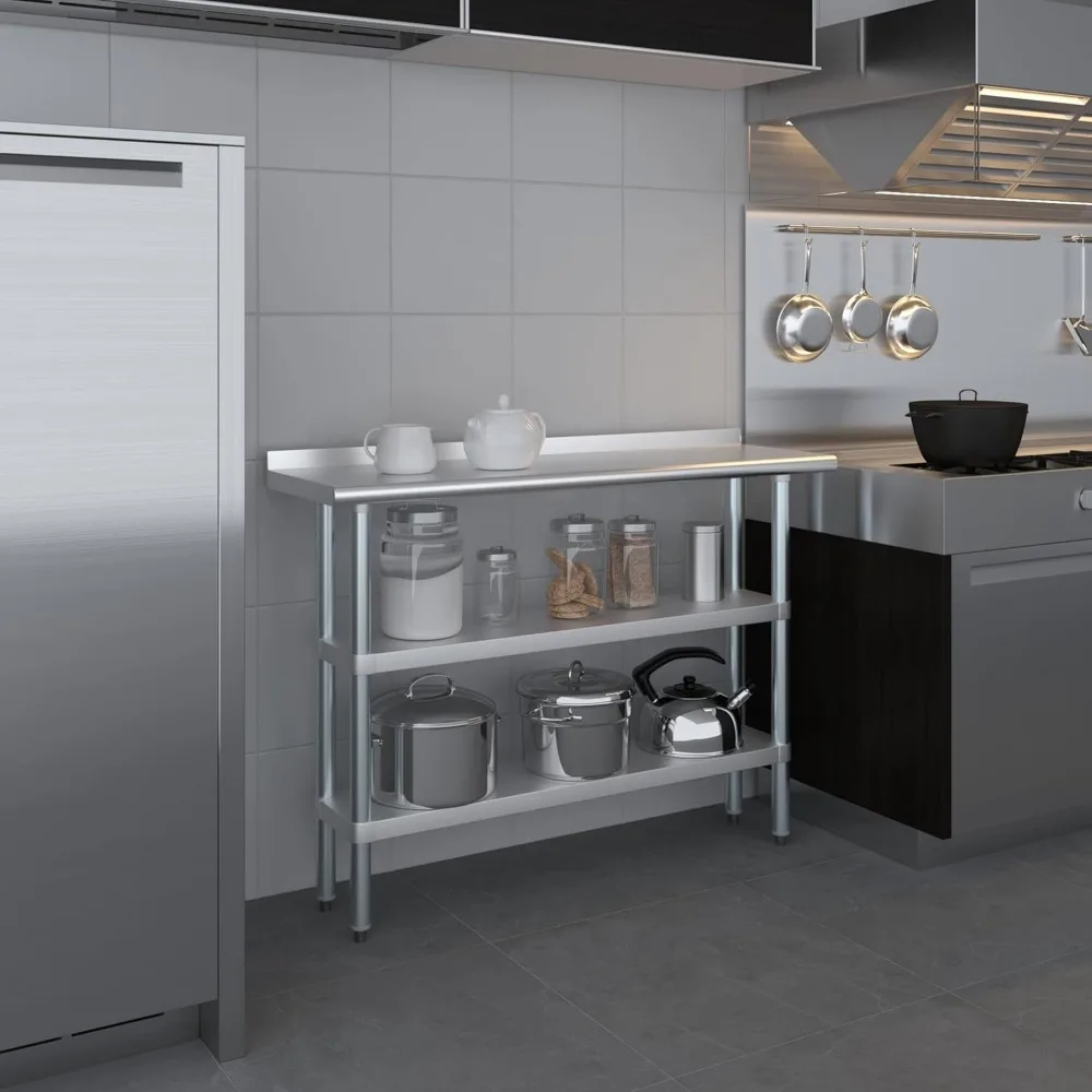 Stainless Steel Work Table with 1.5" Backsplash and 2 Shelves Metal Kitchen Food Prep Table 48" Long x 14" Deep
