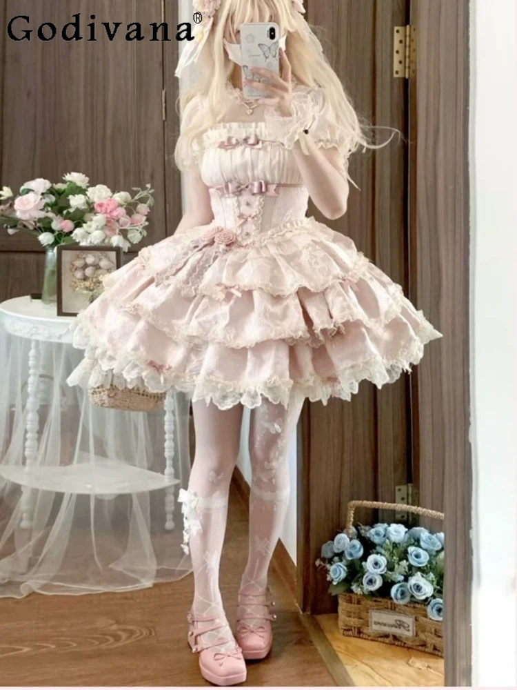 

2025 New Japanese Original Ballet Style Lolita Pink Dress Doll Feel Strap Dress Sweet Cute Girl JSK Puffy Princess Dresses