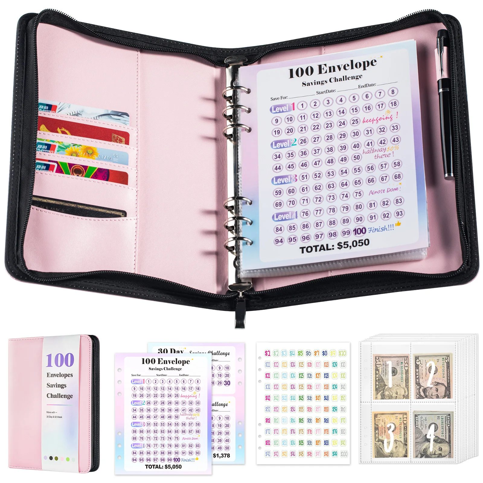 

A5 100 Envelope Savings Challenge Zip Bag Loose-Leaf Binder Budget Binder With Cash Envelopes Money Organizer System