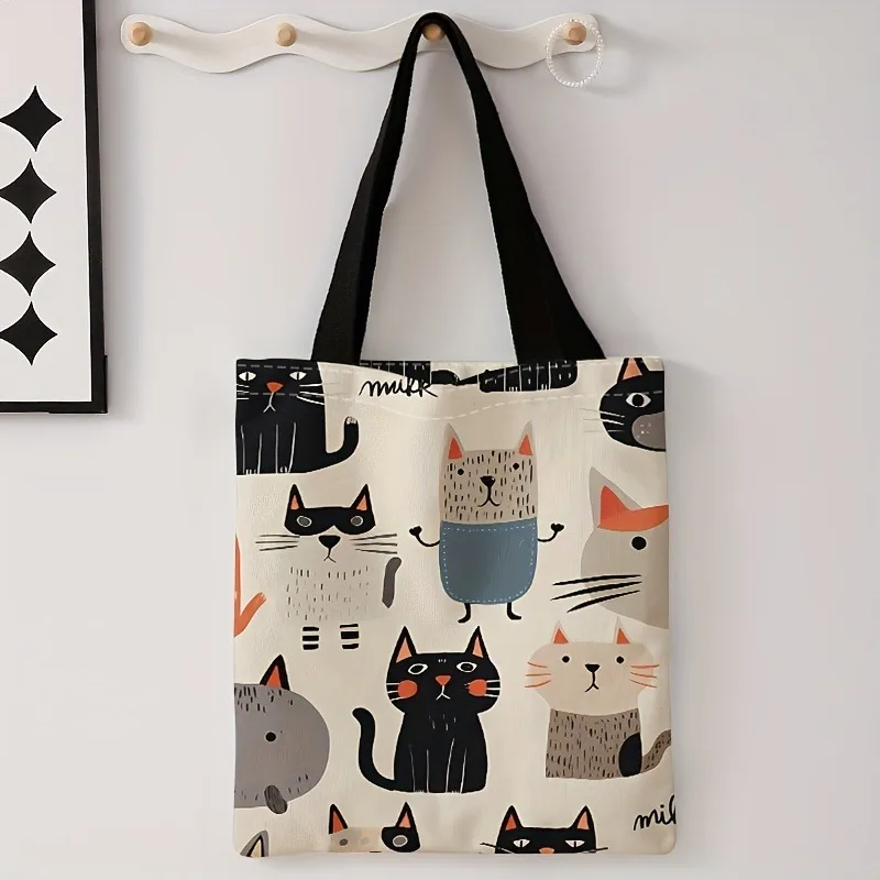 Women S Black Cat Print Handbag Polyester Fashion Handbag Women S Beach Shopping Bag Daily Use Fashion Shoulder Bag