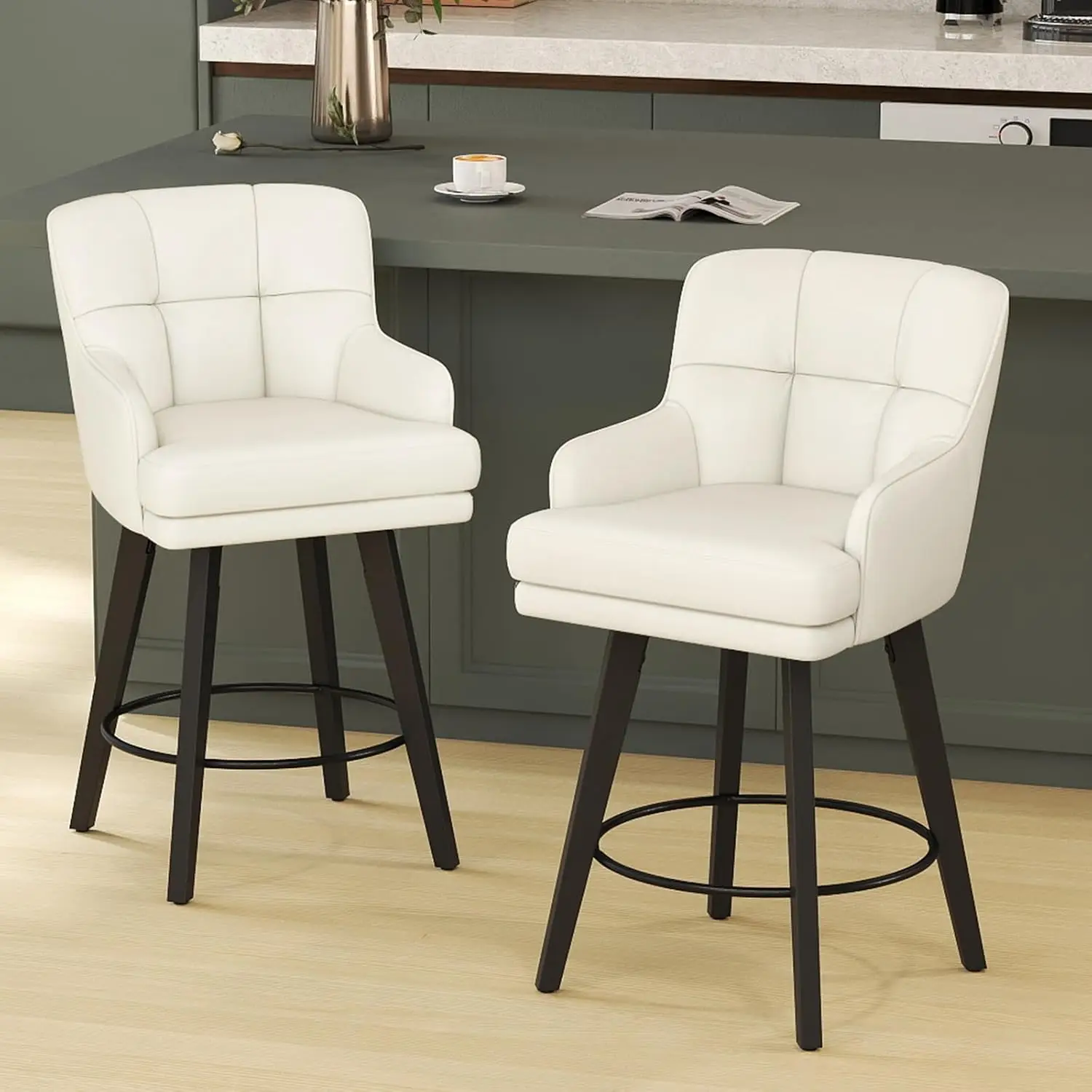 

360 ° Вращающийся барный стул с высокой спинкой, ножки из массива дерева, 26 дюймов, из искусственной кожи, для кухонного острова, комплект из 2 штук, на заказ