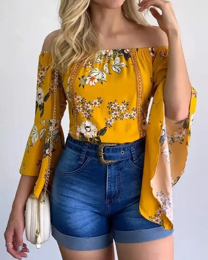 Sexy women's chiffon shirt, camisole vest, floral women's off shoulder flared sleeves, beach one shoulder top