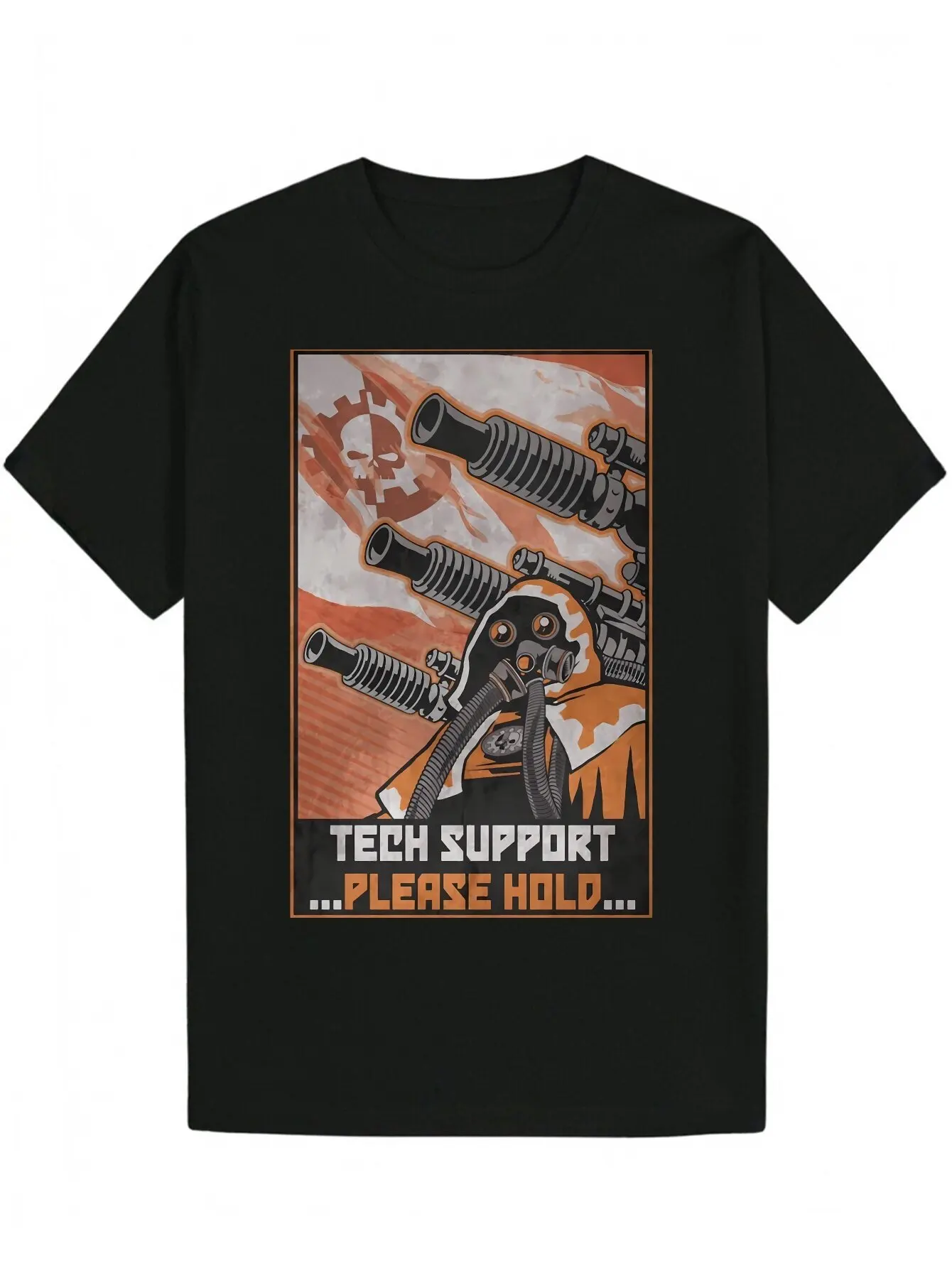 تي شيرت رجالي برسومات سوداء مع طباعة TECH SUPPORT كاجوال من البوليستر بأكمام قصيرة قابل للغسل في الغسالة