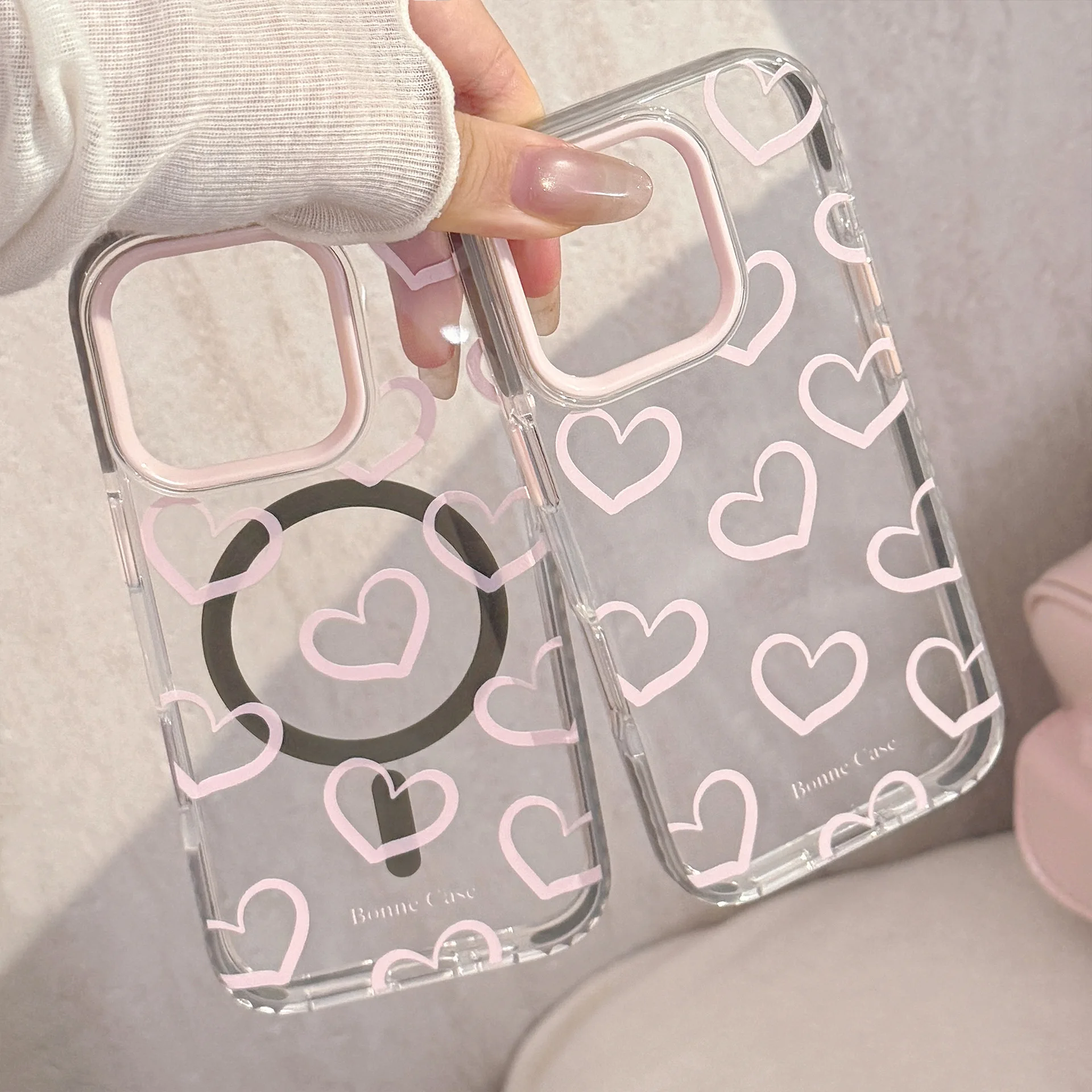 Kawaii Pink Love Heart Graffiti Magnetic Phone Case For iPhone 17 16 15 14 13 12 Pro Max Transparent Shockproof Protective Cover
