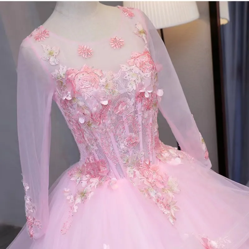 Pink Sheer Long Sleeve Ruffles Princess Quinceanera Dresses Ball Gown 3D Flowers Appliques Lace Corset Vestidos Para XV Años