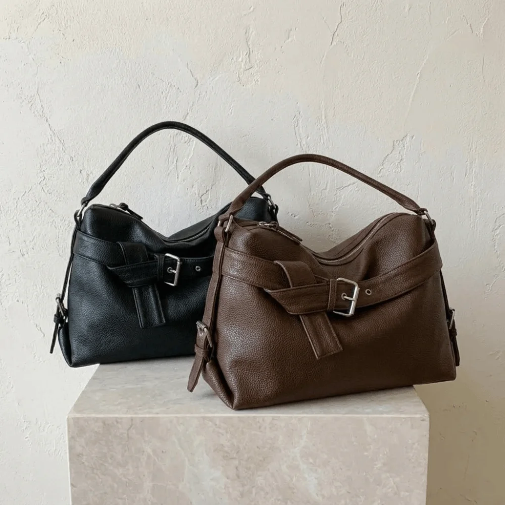 

Soft Leather Tote Bag Pleated Design Belt Buckle Motorcycle Shoulder Bag Black Color Maillard Style Underarm Bag Shopping