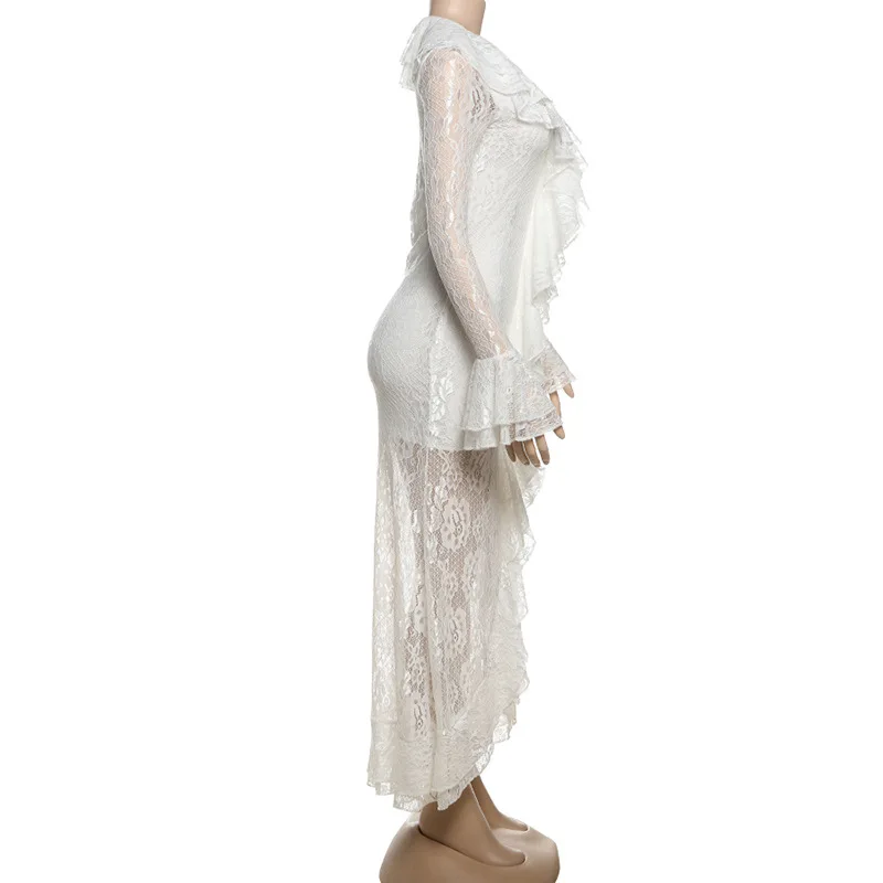 Frau Kleidung Rüschen Solide Weiß Spitze Kleid 2025, Herbst V-ausschnitt Flare Hülse Geraffte Hohe Schlitz Lange Maxi Hochzeit Party Kleider