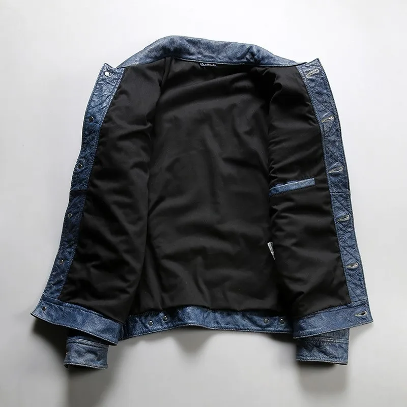 Men's blue-dyed leather with a lapel and multiple pockets made of cowhide