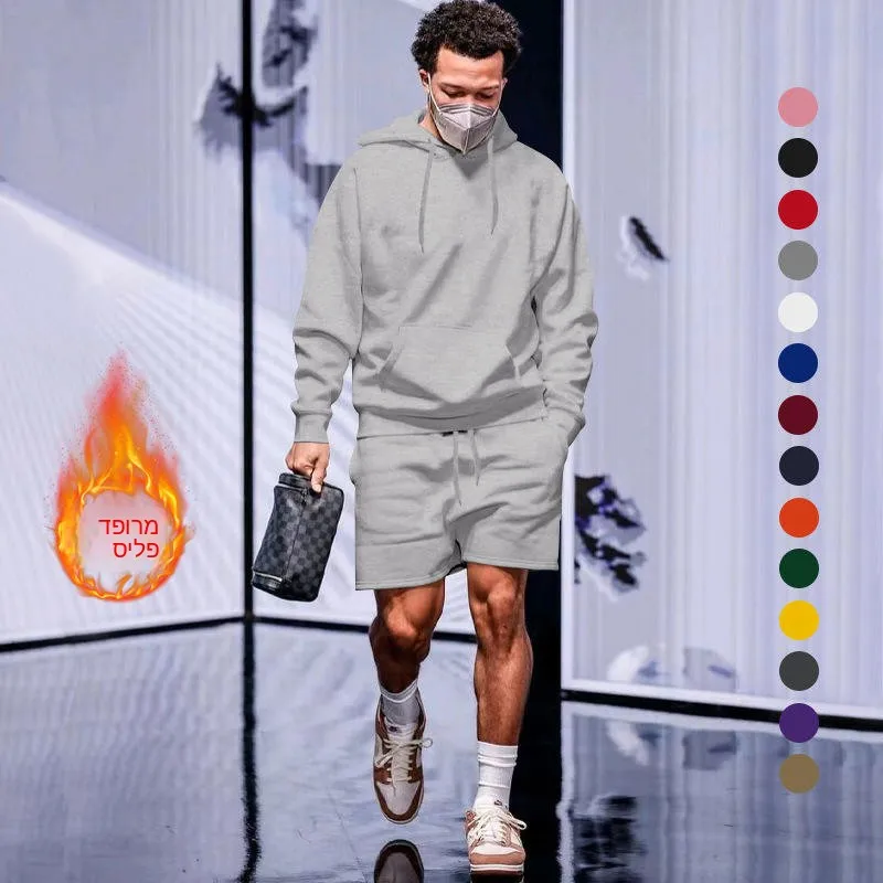 

Мужской комплект из толстовки с флисовой подкладкой и шорт, повседневная осенняя одежда 2023, удобный молодежный комплект с длинными рукавами и короткими брюками