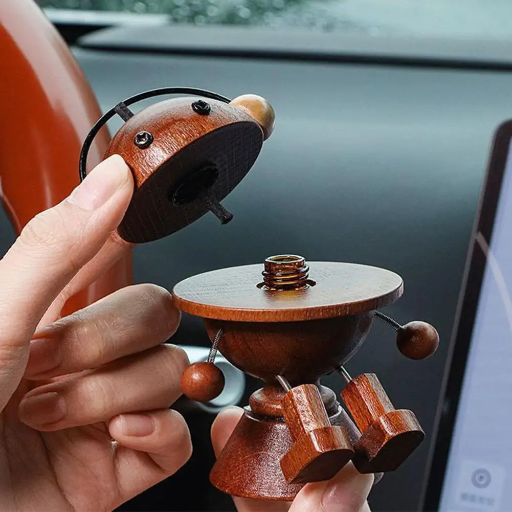 Cute Wooden Robot Car Dashboard Ornament Shaking Head Man Wood Figurine Interior Decor Desktop Aromatherapy Gift