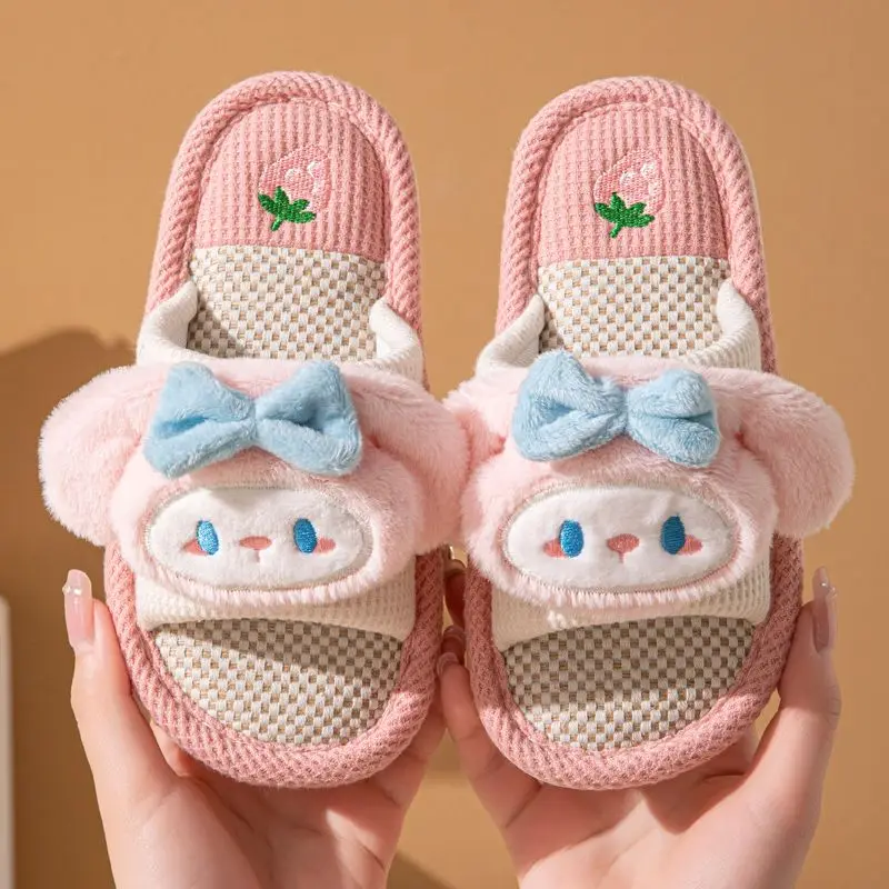 

Kuromi Sanrio Children's Linen Slippers Girls Cotton and Line Indoor Shoes Children Cute Melody Slippers Spring Autumn Cartoon