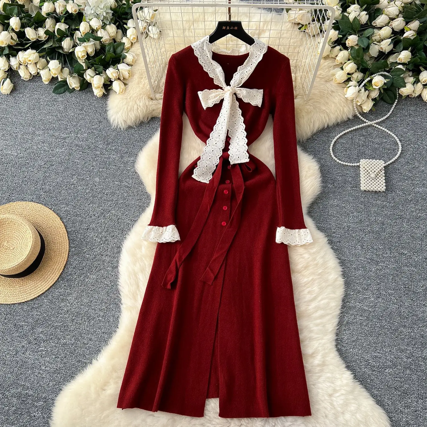 

Women Long Dress Knit Dresses A Line Vestidos Lace Up Bow Y2k Streetwear V Neck Full Sleeve Elegant Party Night High Waist
