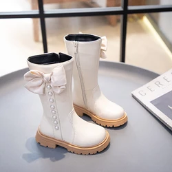 2023 New Girls High Boots PU Pearls with Bow Non-slip Fashion Children Chic Elegant Sweet Princess Boots Side Zipper Korean Wind