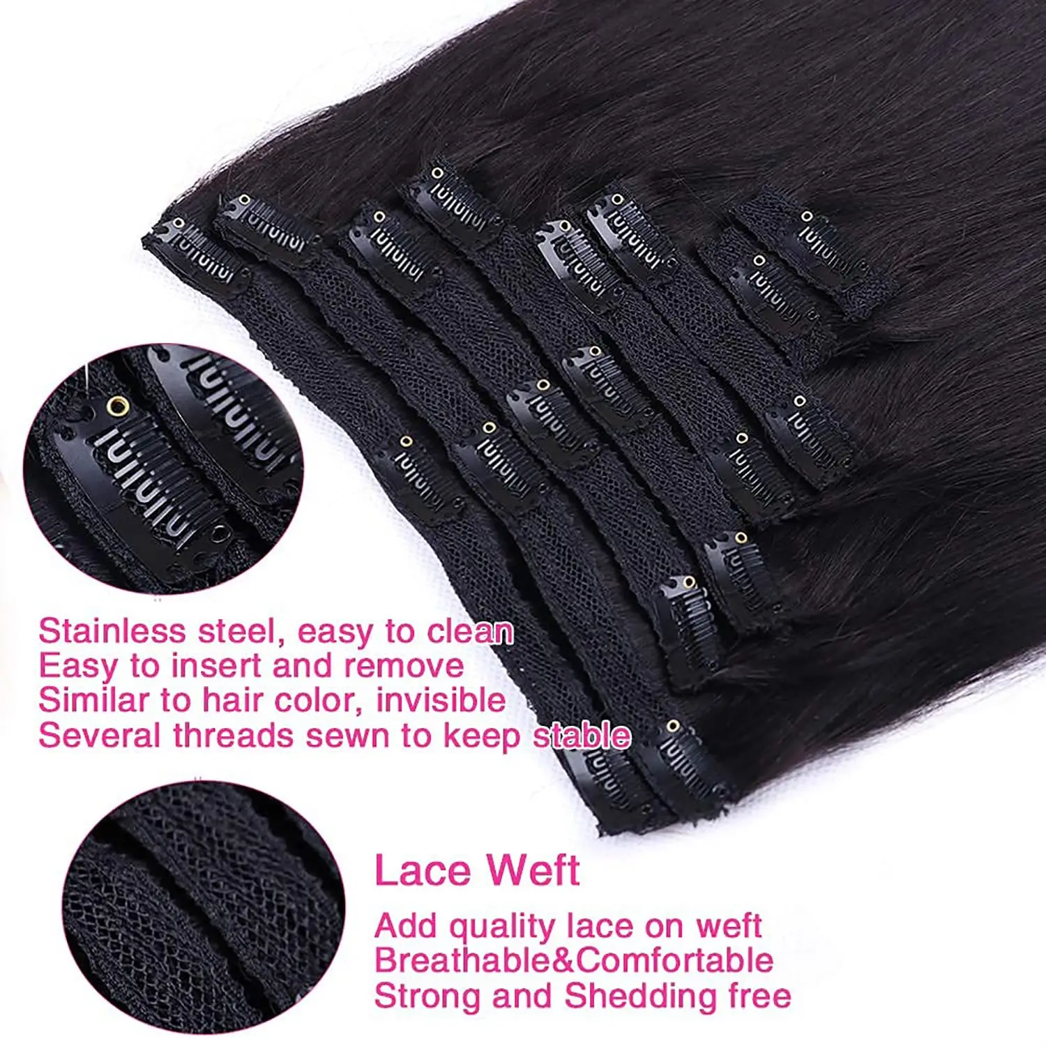 Clip In Hair Extensions Straight Brazilian Full Head Clip In Human Hair Extensions 16-26 Inches Natural Black Color 1B 8Pcs 120G