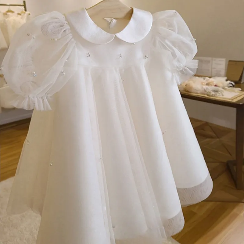 Fashion Baby Girl Princess Pearl Dress Puff Sleeve Infant Toddler Child White Vestido Party Birthday Frocks Baby Clothes 12M-14Y