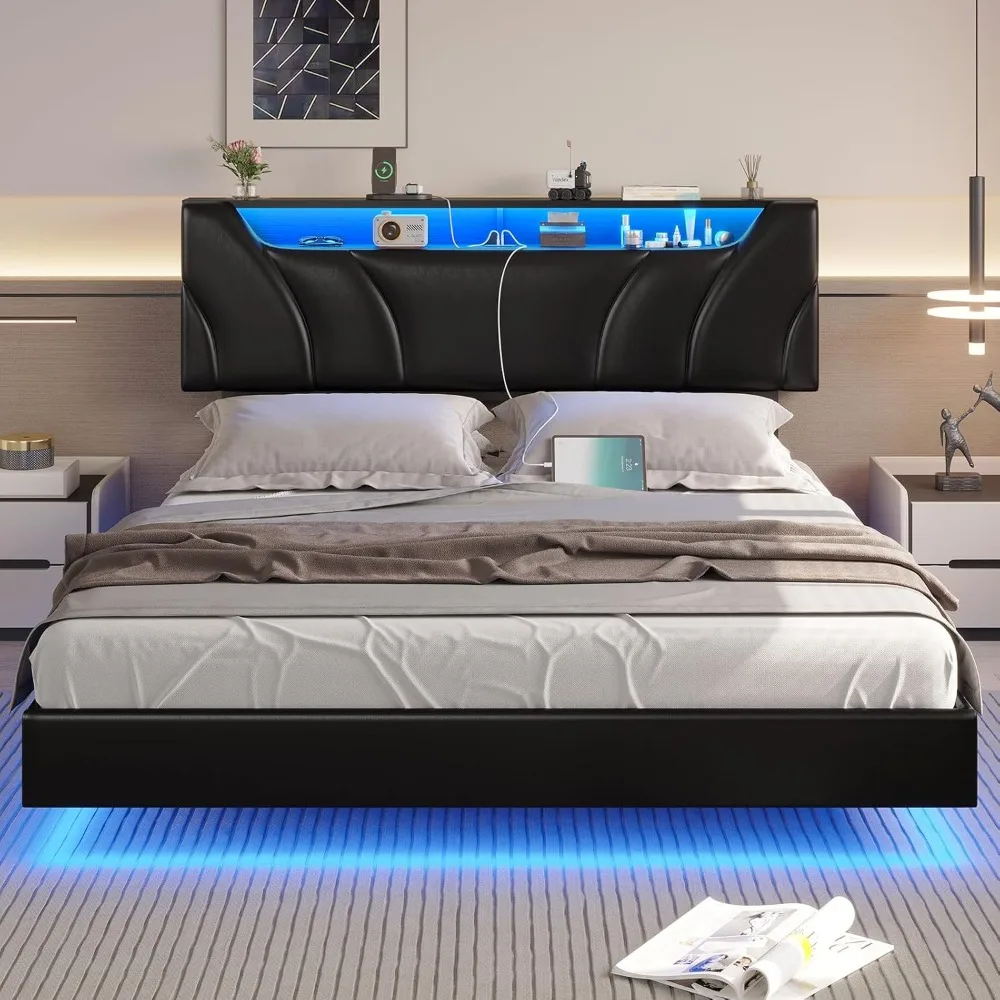 DICTAC Queen Floating Bed Frame with Storage Headboard and LED Lights Queen Size Visual Floating LED Bed Frame with Type-C & USB