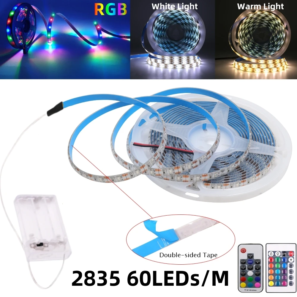 3AA 배터리 전원 LED 스트립 조명, 유연한 조명 리본 테이프, 화이트/웜 화이트 TV 백라이트, 5V SMD2835, 1M, 2M, 3M, 4M, 5M, 60LED/M