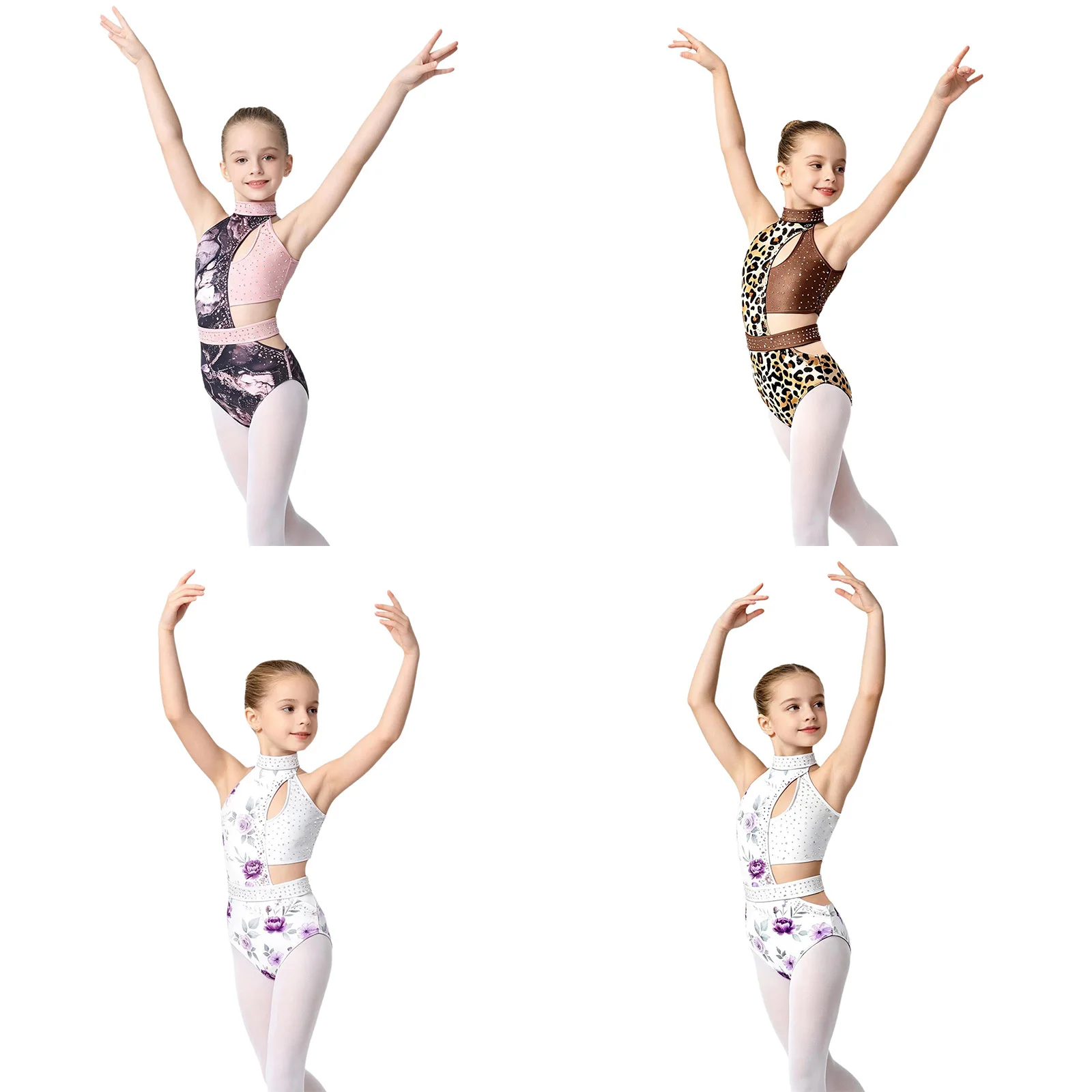 Kids Girls Ballet Dance Gymnastics Skating Acrobatics Yoga Leotard Sleeveless Print Shiny Rhinestone Cutout Bodysuit Dancewear