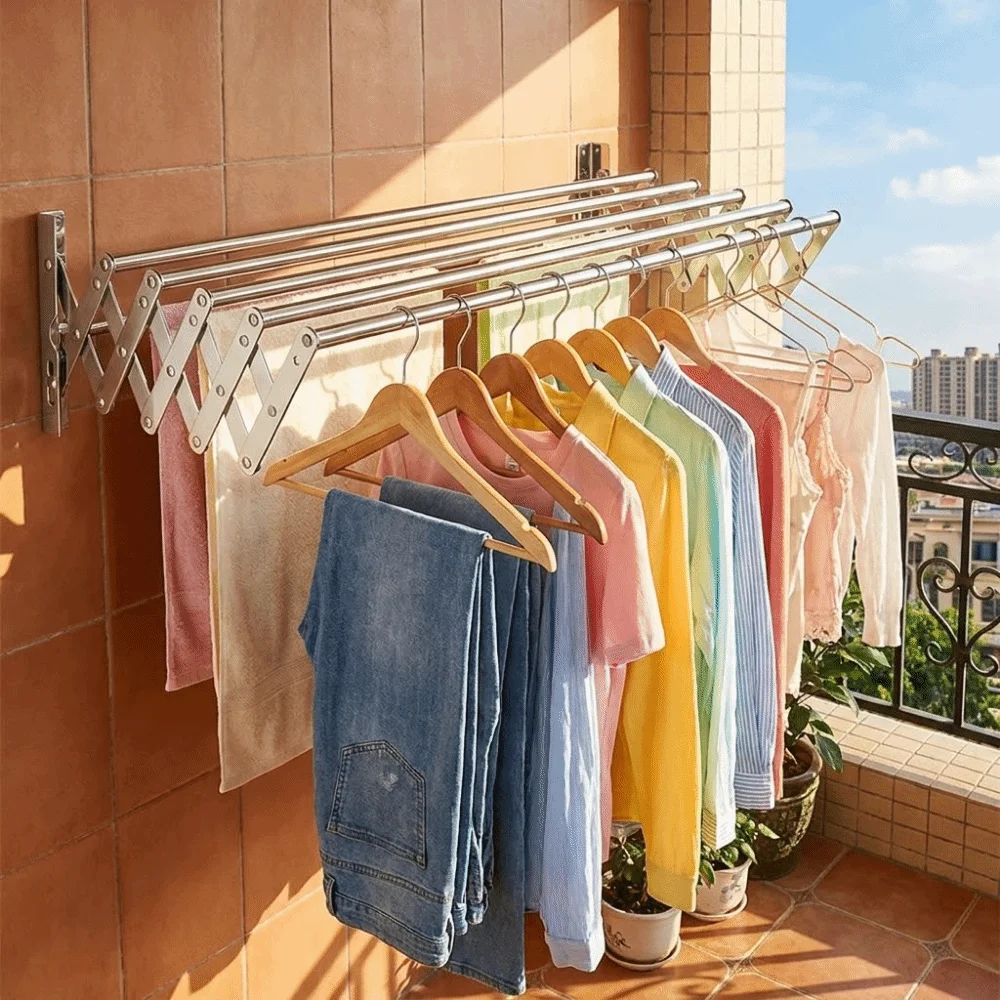 

Stainless Steel Wall Mounted Folding Drying Rack Rustproof Space Saving Clothes Drying Rack Large Capacity with Hooks
