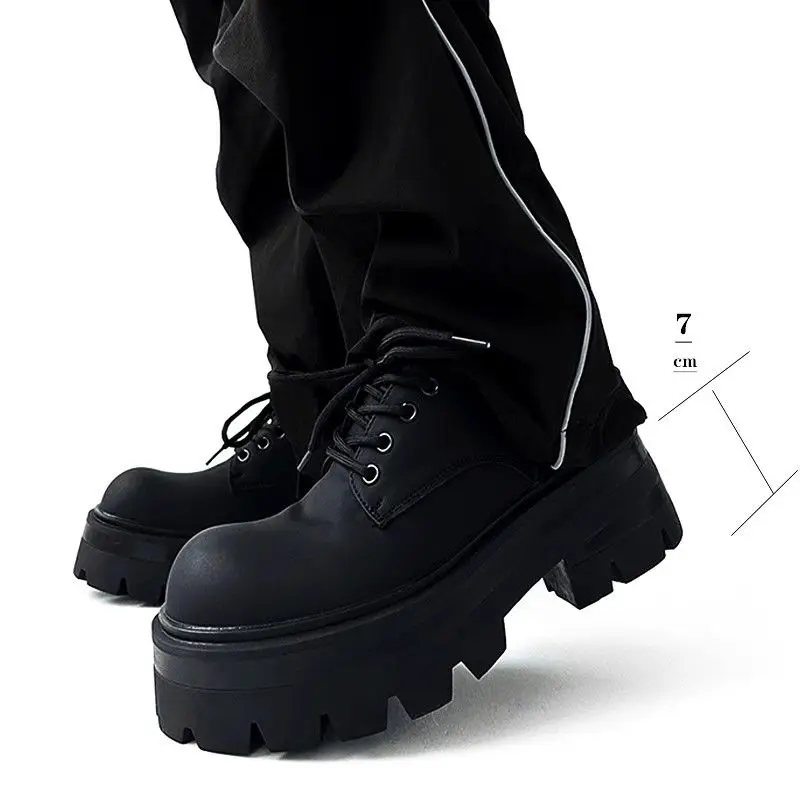 High-Grade 7cm Increased Derby Carbon Black Trendy Men\'s British-Style Thick-Soled Hair Stylist Big Head Leather Shoes