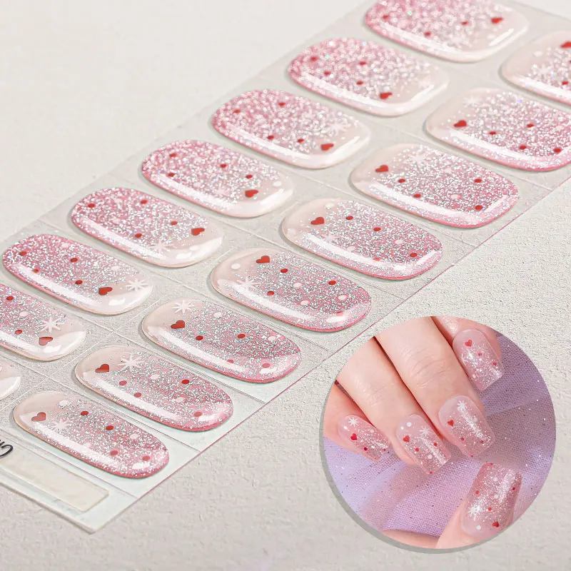 16Tips French Gel Nail Strips Long Lasting Full Cover Glitter Heart Baking-Free Gel Nail Stickers DIY Manicure Decoration