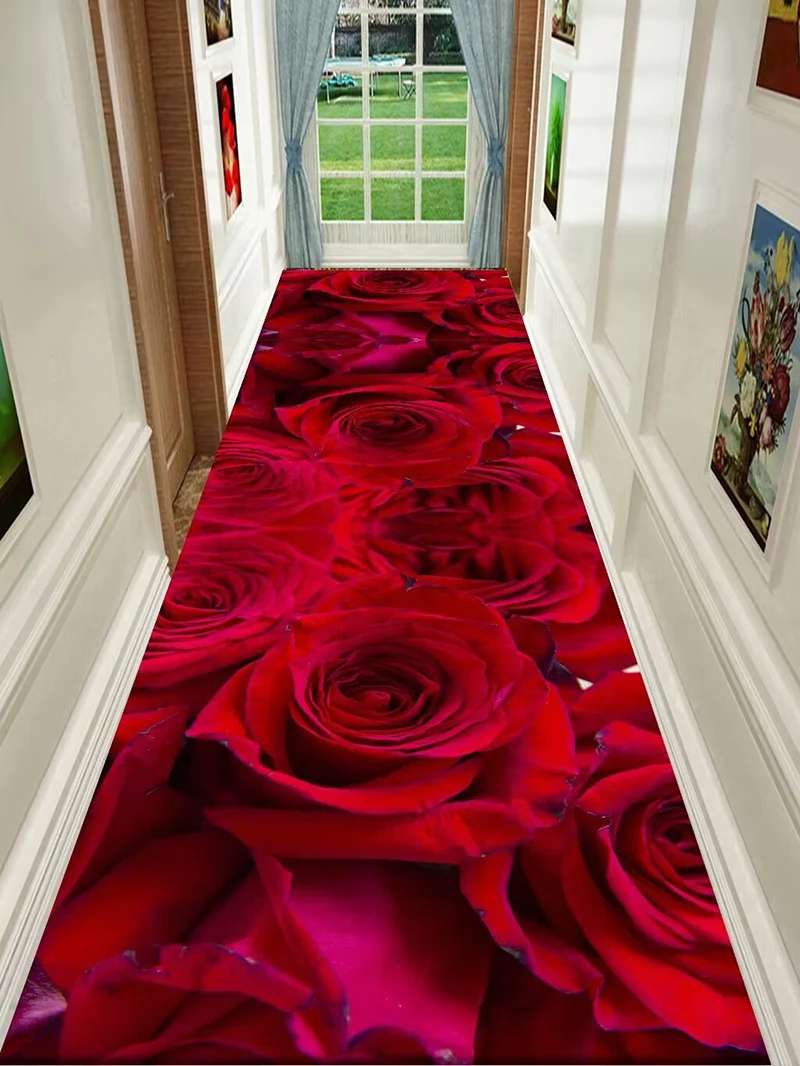 Luxury Style Long Corridor Carpet Home 3D Rose Decor Hallway Area Rug Washable Stairway Rugs Non-slip Runner Aisle Mat Custom