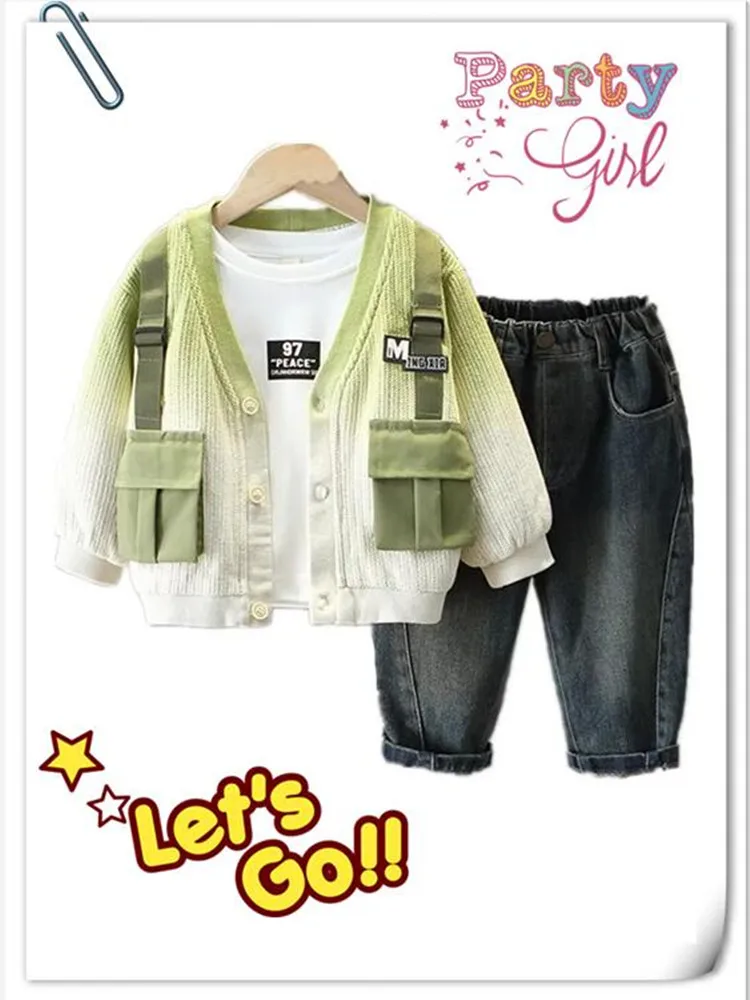 Boy Casual Comfort Suit Spring Autumn Kids Knitted Cardigan + T-shirt+ Jeans 3-Piece Set New Fashion Children's Outfit 1-6 Years