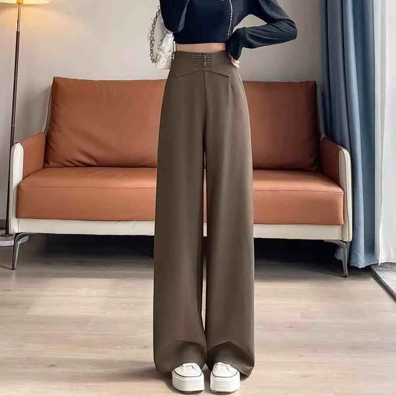 Neue Chinesische Stil Anzug Hosen frauen Frühling Herbst 2025, Bequeme Schnalle Hohe Taille Dünne Lose Gerade Wischen Breite Bein hosen
