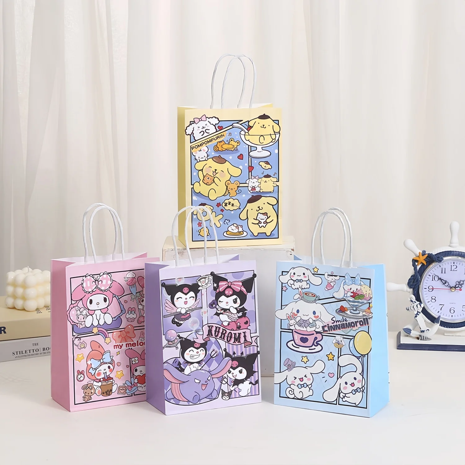 Cinnamoroll ถุงของขวัญกระดาษตกแต่งวันเกิดกระเป๋าลูกอม Kuromi แพคเกจ Hello Kitty ของขวัญเด็กหญิงเด็กชายอุปกรณ์งานเลี้ยง