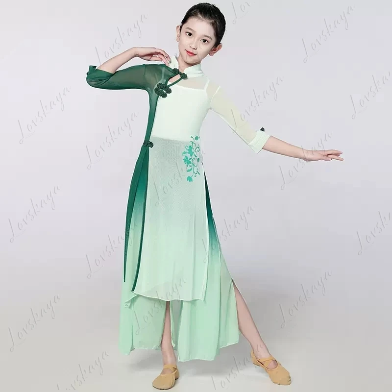 Traje de performance de dança clássica infantil, vestido de seda estilo cheongsam, traje de treinamento étnico fluindo estilo chinês para meninas