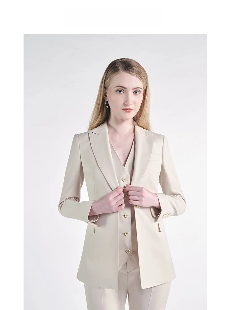 

Костюмный комплект Olivia Wang из высококачественной шерсти, цвет молочного чая, приталенный, для деловых встреч, женское пальто на пуговицах, однотонное, длинное