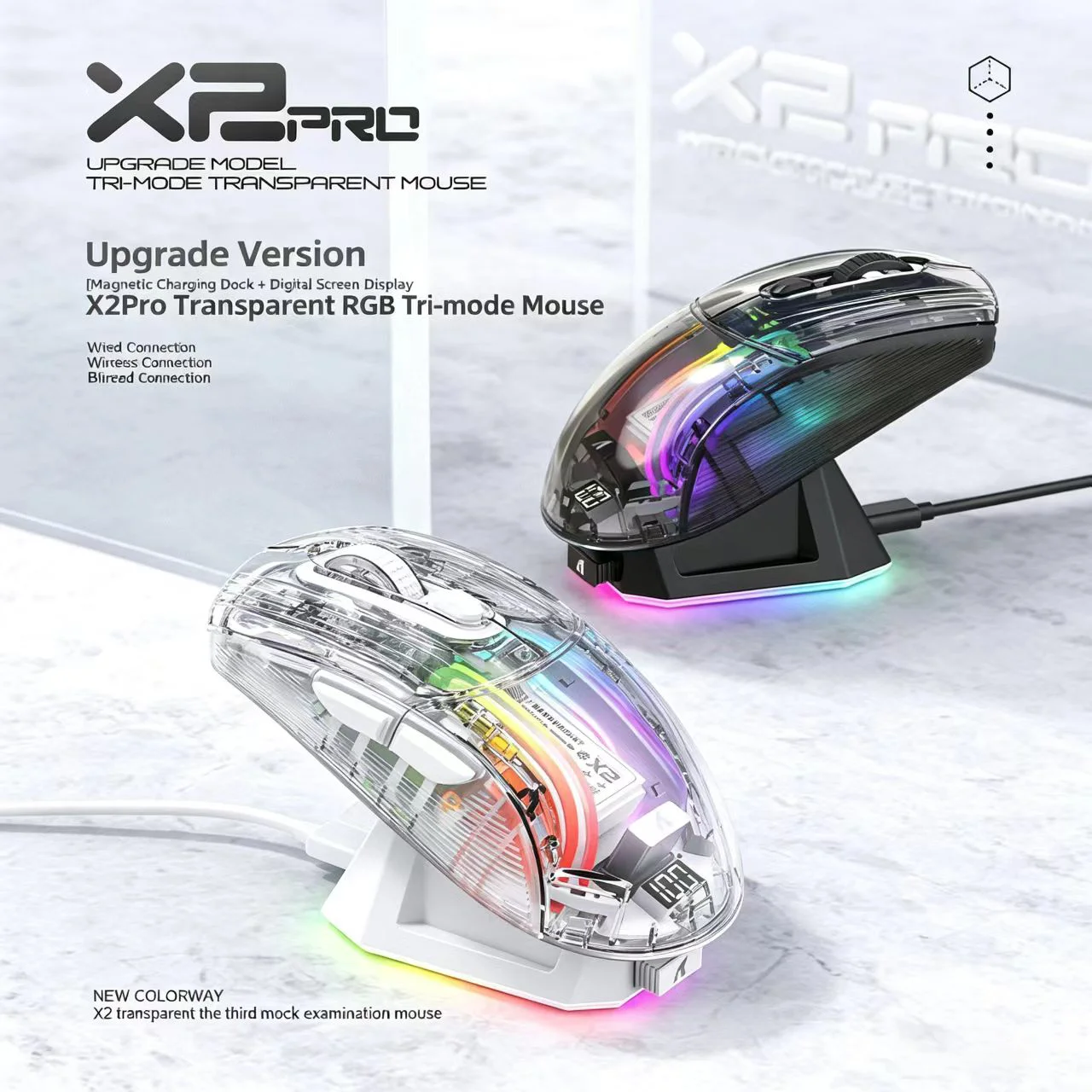 Attack Shark X2 Pro Wireless Gaming Mouse RGB, Tri-Mode Bluetooth, Silent Click, Battery Display, Magnetic Charging Dock
