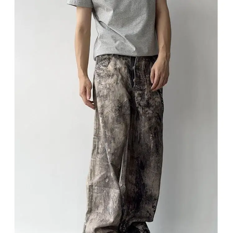 Pantaloni a gamba dritta effetto consumato High Street Splash Ink Jeans larghi dal design casual da uomo