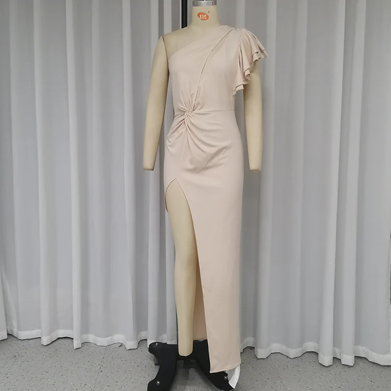 Ellfads maxi kleid frauen sommer elegant solide eine schulter unregelmäßig aushöhlen gekräuselt taille plissiert schlitz lange kleider