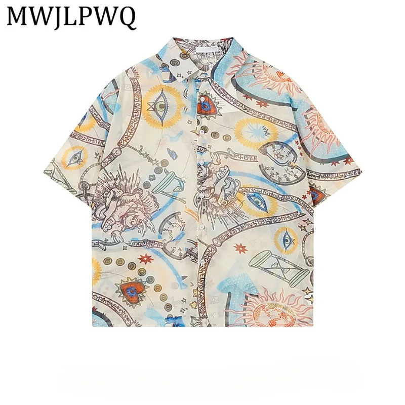 

MWJLPWQ Beige Mystical Tarot Printed Short Sleeve Shirt Men Oversized Loose Fit Casual Streetwear Retro Button Down Blouse 15909