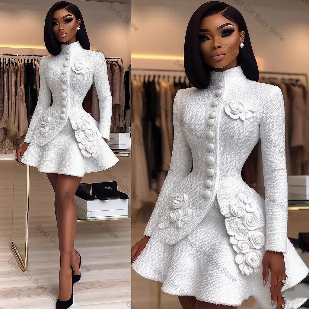 Abito da donna bianco con gonna Set giacca da 2 pezzi + mini abito corto da ballo Giacca da donna formale da ufficio con fiori 3D Cappotto da sposa personalizzato