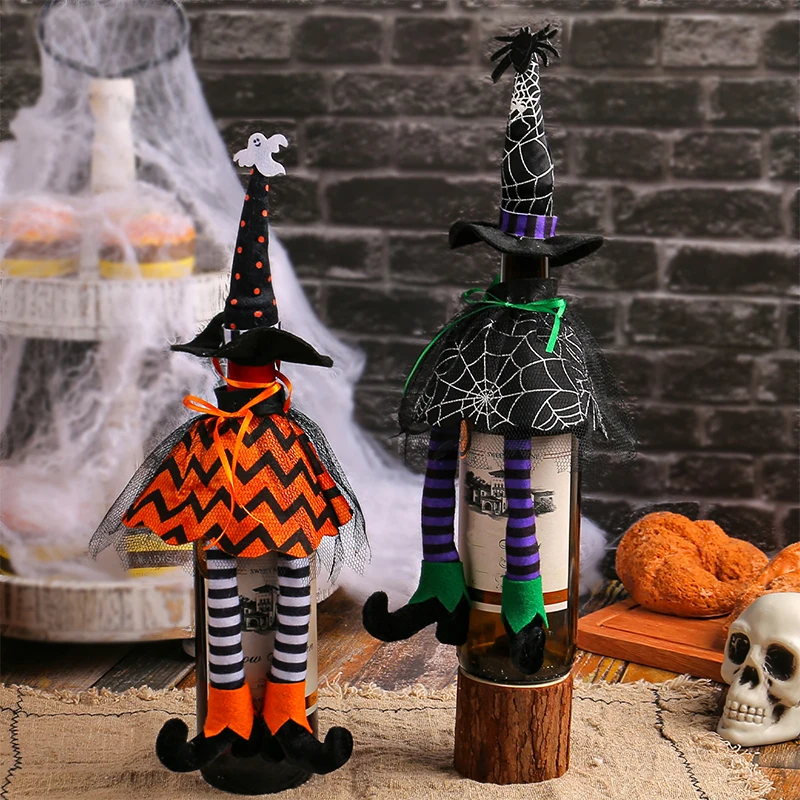 Halloween Witch Hat Long Leg Wine Bottle Cover Ornament Table Atmosphere Champagne Wine Bags Happy Halloween Party Decor