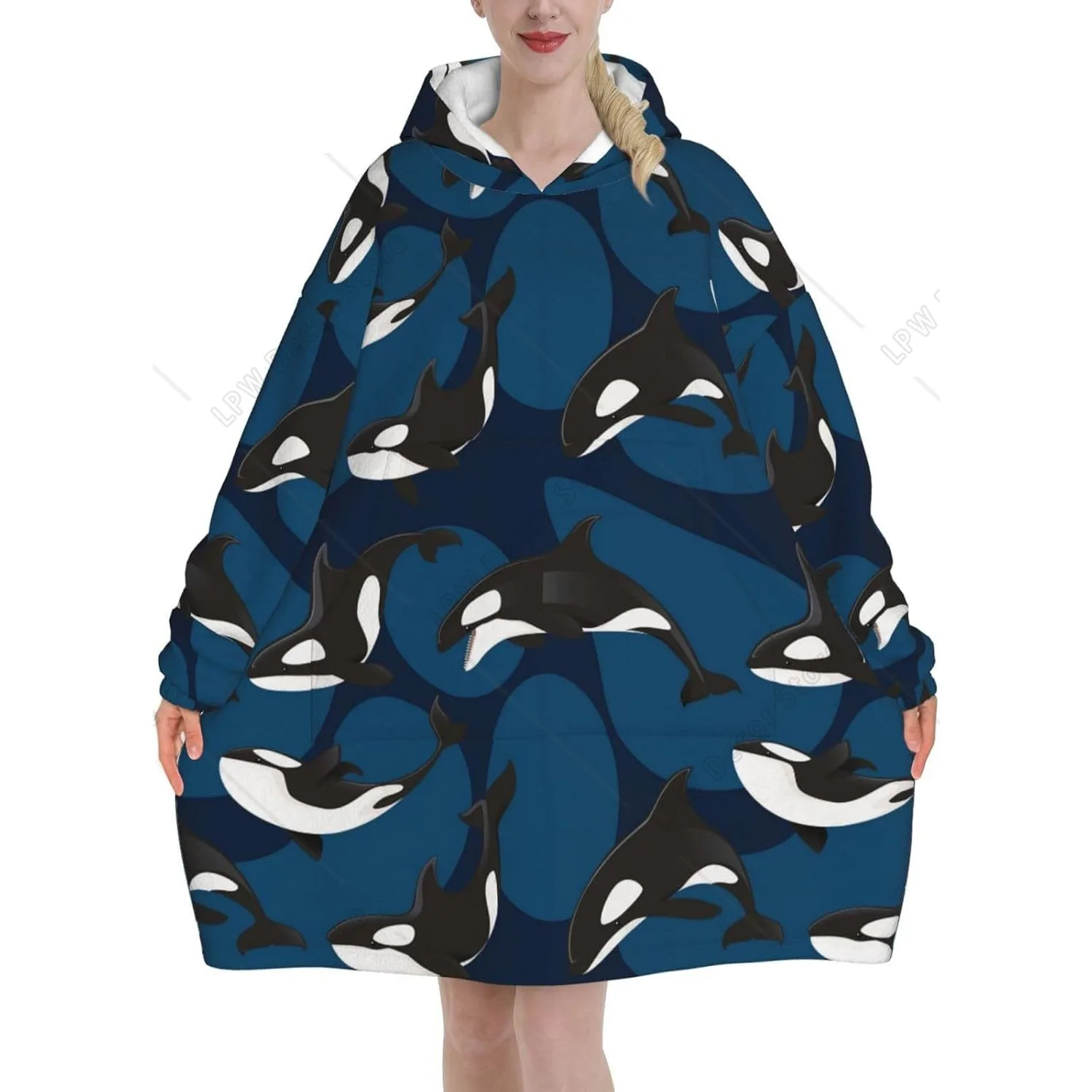 Ocean Orca Killer Whale Adult Flannel Wearable Plush Blanket with Pockets Ultra Soft Plush Warm Hoodie