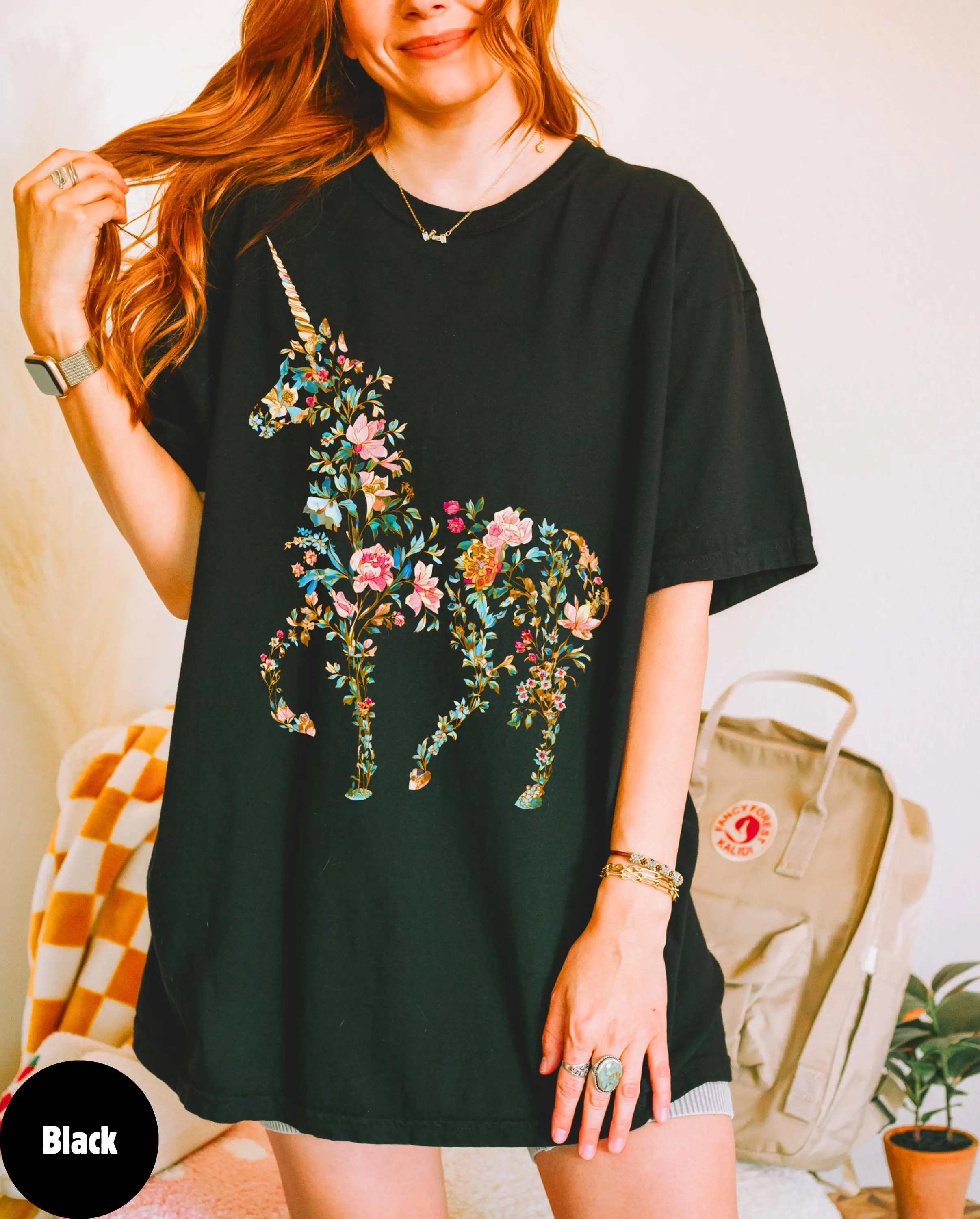 Plus Size Summer Women's Vintage Magical Unicorn Pattern T-Shirt Cotton Breathable Stylish Versatile Street Style Oversized view 2