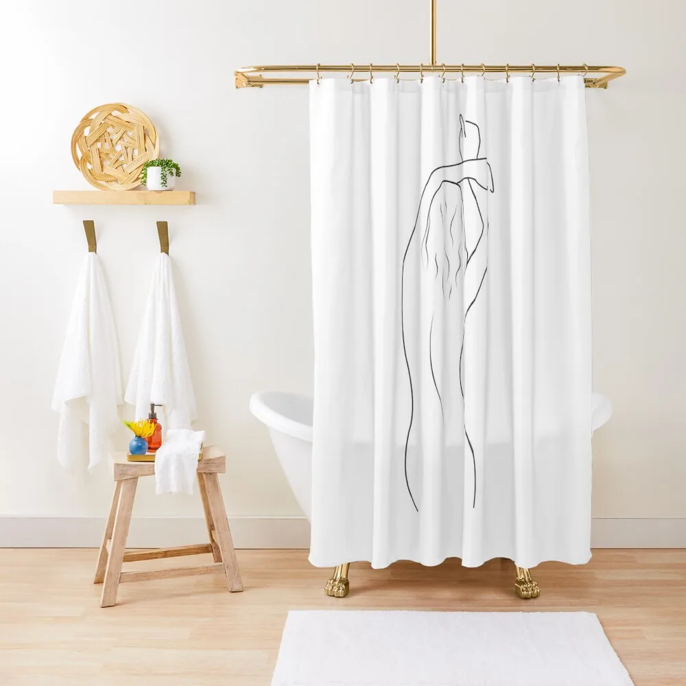 

Minimalistic Neutral Line Art Woman From Behind Shower Curtain Modern Bathroom Accessories Shower Set Curtain