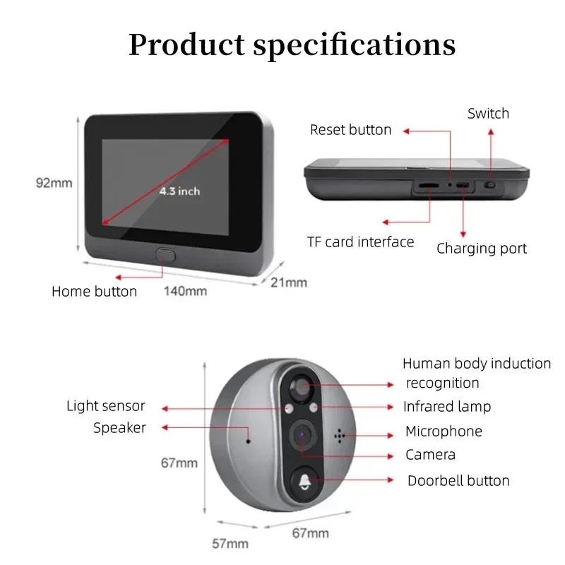 スマートデジタル暗視ドアベル,wifi,4.3画面,Tuyaアプリケーションと互換性,広角,pir,1080p