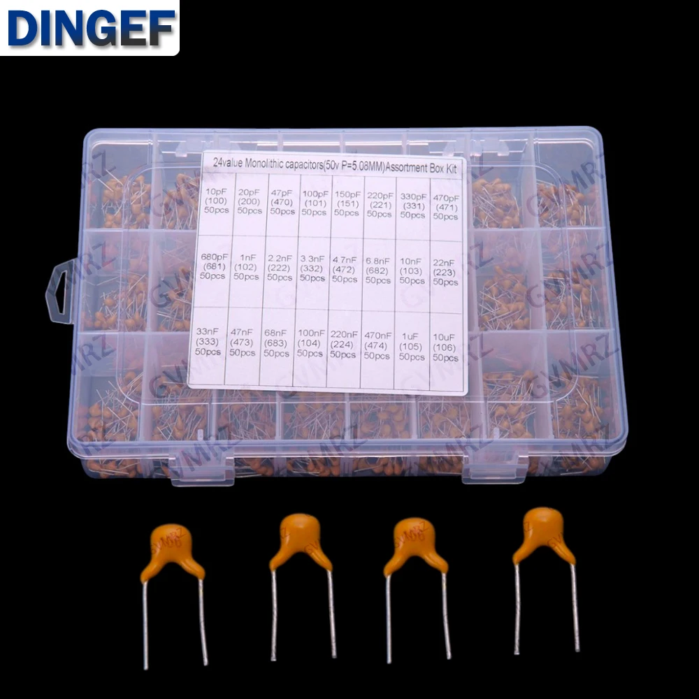 

24Values 33NF 47NF 68NF ​​1200PCS Each 50PCS Monolithic Capacitor Set 10PF-10UF Through-hole 100NF 150PF 220PF 106 104 105