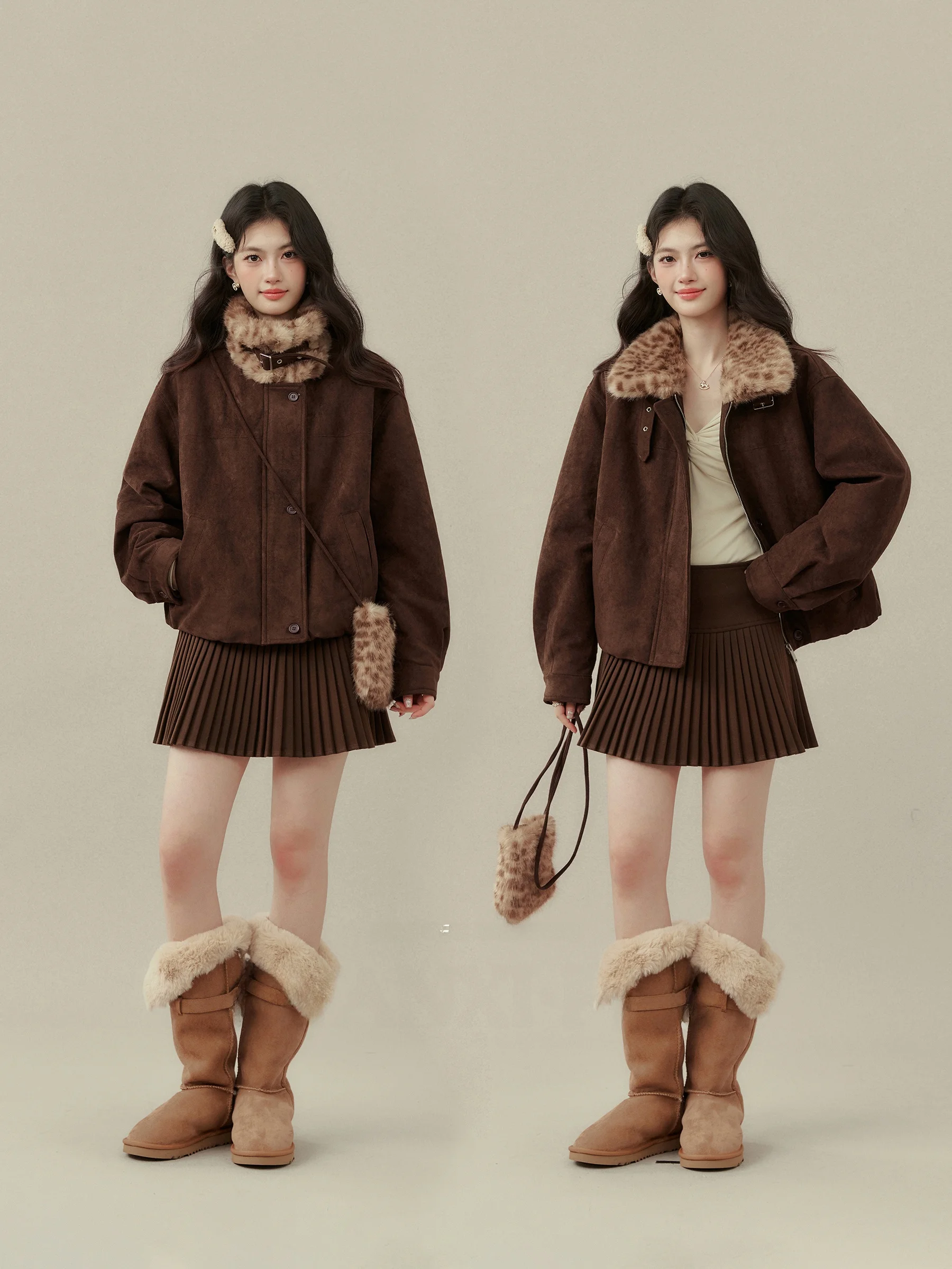 Jaqueta Curta de Veludo Sintético com Zíper Solto Ele Sle Coffee Stamp para Mulheres Plus Size com Textura de Pele Melanina Deslumbrante