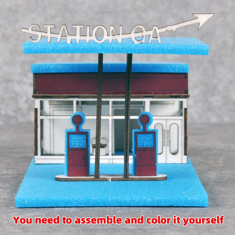 Architekturmodell-Bausatz Miniatur-Tankstelle Benzin-Servicestation Modernes Auto-Maßstabsmodell-Set 1/64 – Detail 1