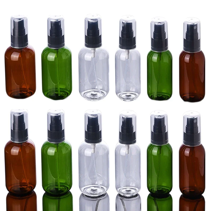 12Pcs 50ml 80ml Plastic Spray Bottle Amber Brown Green Oils Liquid Container Perfume Atomizer Press Pump Refillable Bottles