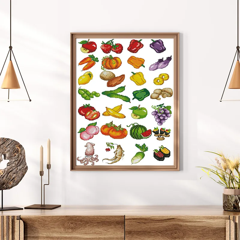

Soulgift Pre-Printed Cross Stitch, Stamped Aida Fabric With DMC Threads,Embroidery Kit - Children Identify Fruits And Vegetables
