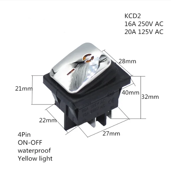 Impermeável barco-Shaped Rocker Switch, superfície de aço inoxidável, 4 pinos de 2 velocidades com luzes LED, interruptor de alta corrente, 20A, KCD4