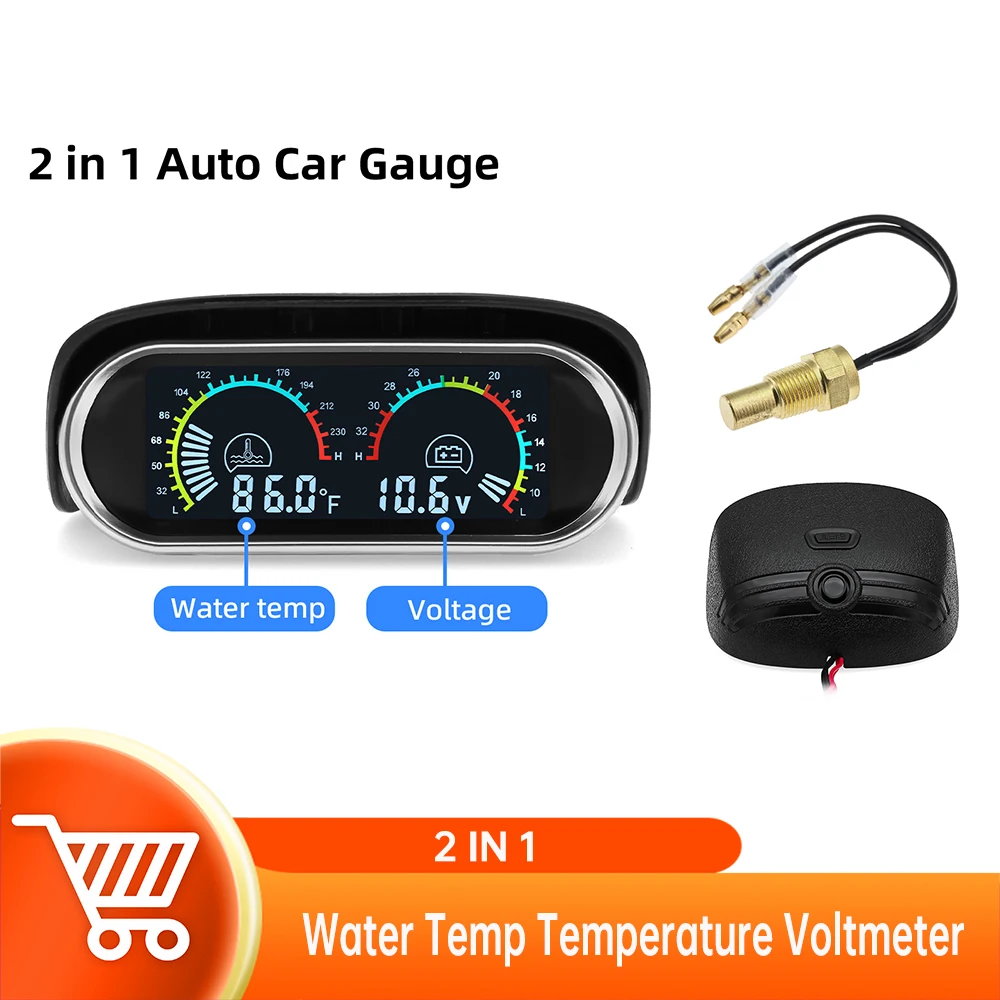 

2 in1 LCD Car Digital ALARM Gauge Water Temp Temperature Voltmeter with 10mm 1/8 Water Temperature Sensor 12V/24V